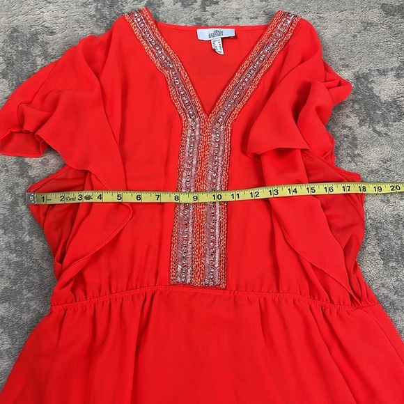 Belle Badgley Mischka Beaded V Neck Boho Chiffon Mini Dress Orange Red Sz 12 - Picture 9 of 13